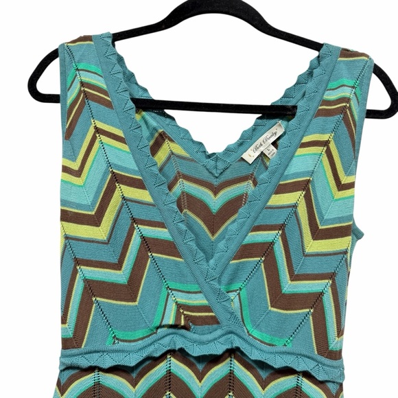Beth Bowley Aqua Brown Chevron Knit Dress L – Retro Boho Cotton Midi - Picture 4 of 9